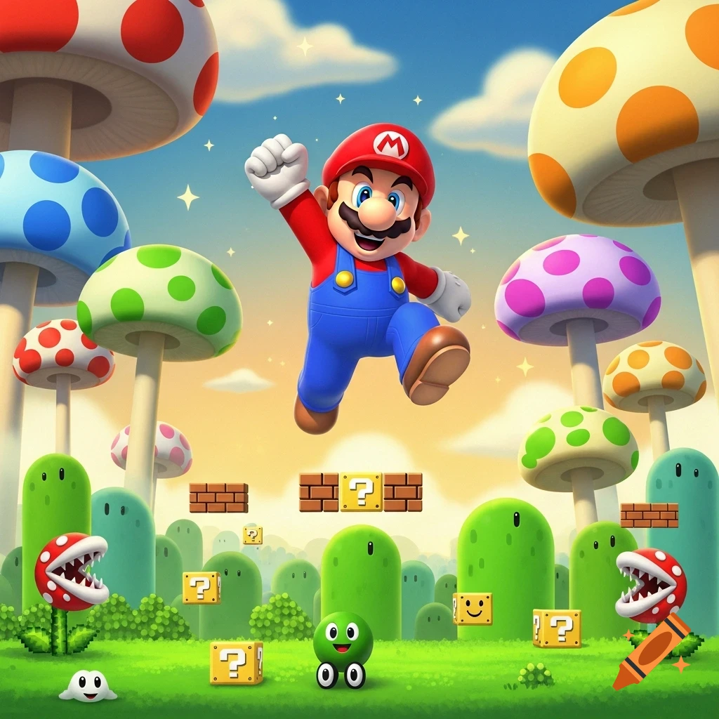 Super Mario jumps in a vibrant, colorful mushroom kingdom with green hills, polka-dotted mushrooms, and iconic blocks.