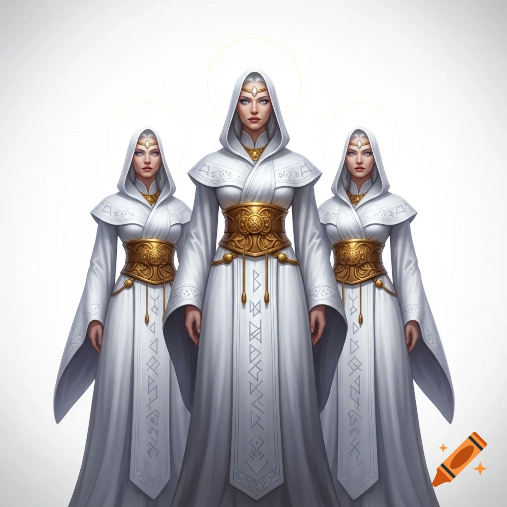 Three women in white hooded robes with intricate gold belts and runic patterns, depicted in an epic fantasy style against a white background.