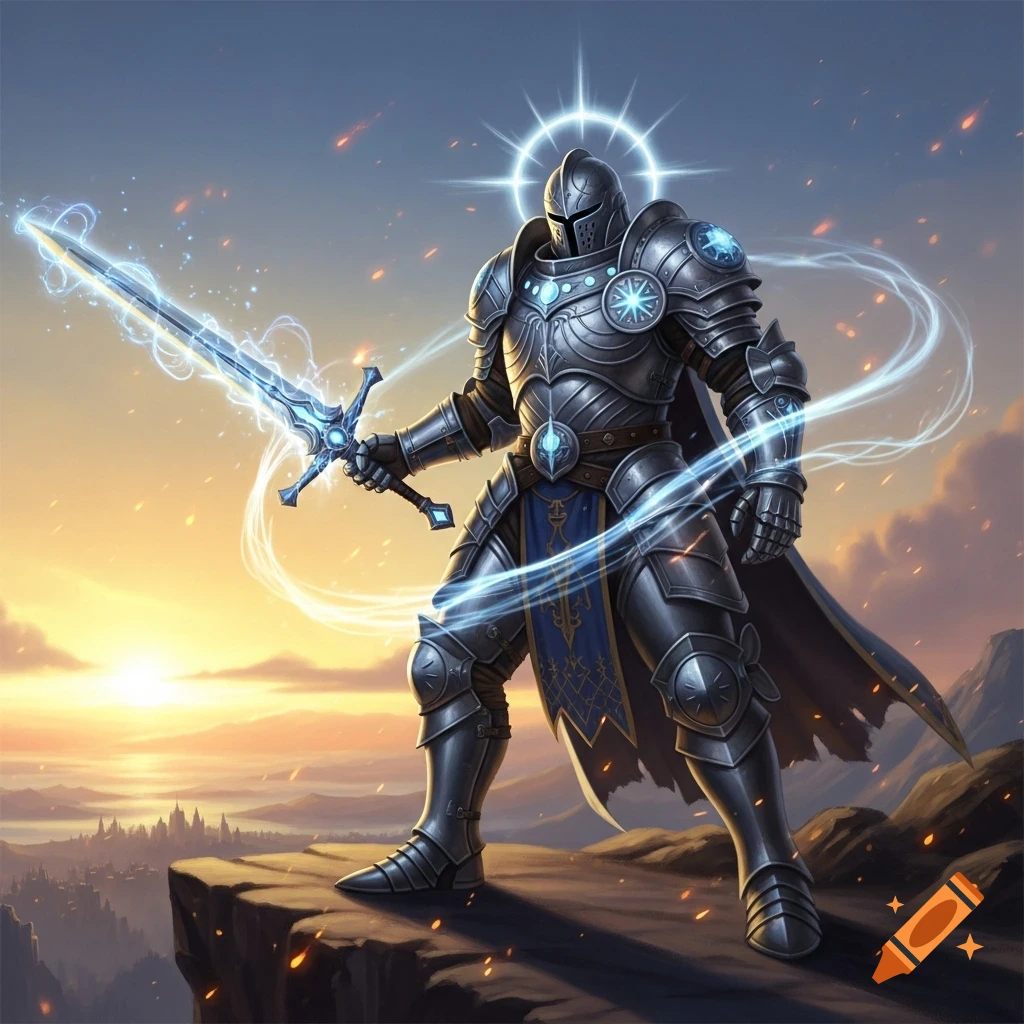 Heavily armored paladin with a glowing sword stands on a cliff at sunset, digital art.