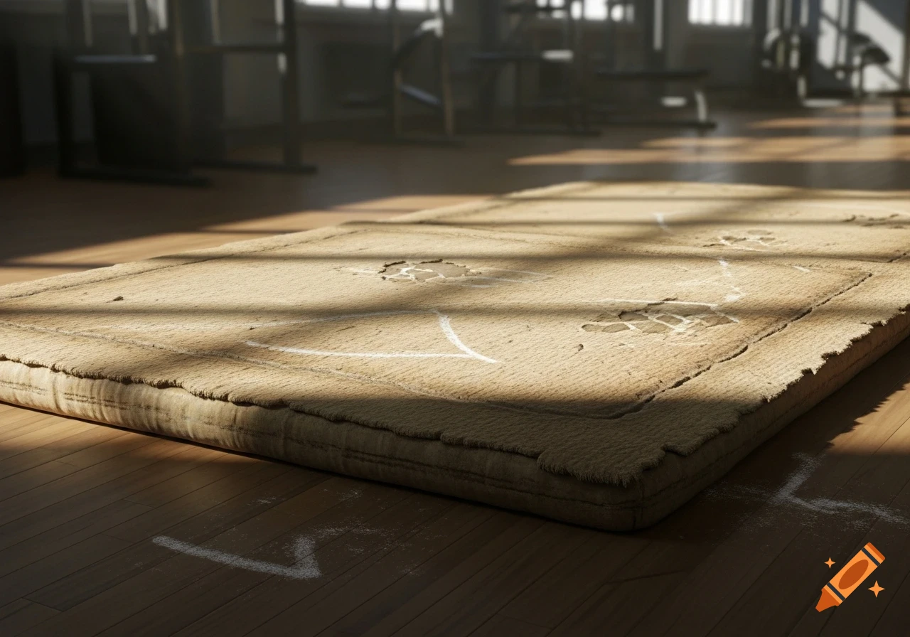 A worn, tattered tan gym mat with white markings on a sunlit wooden floor in a blurry gym background.