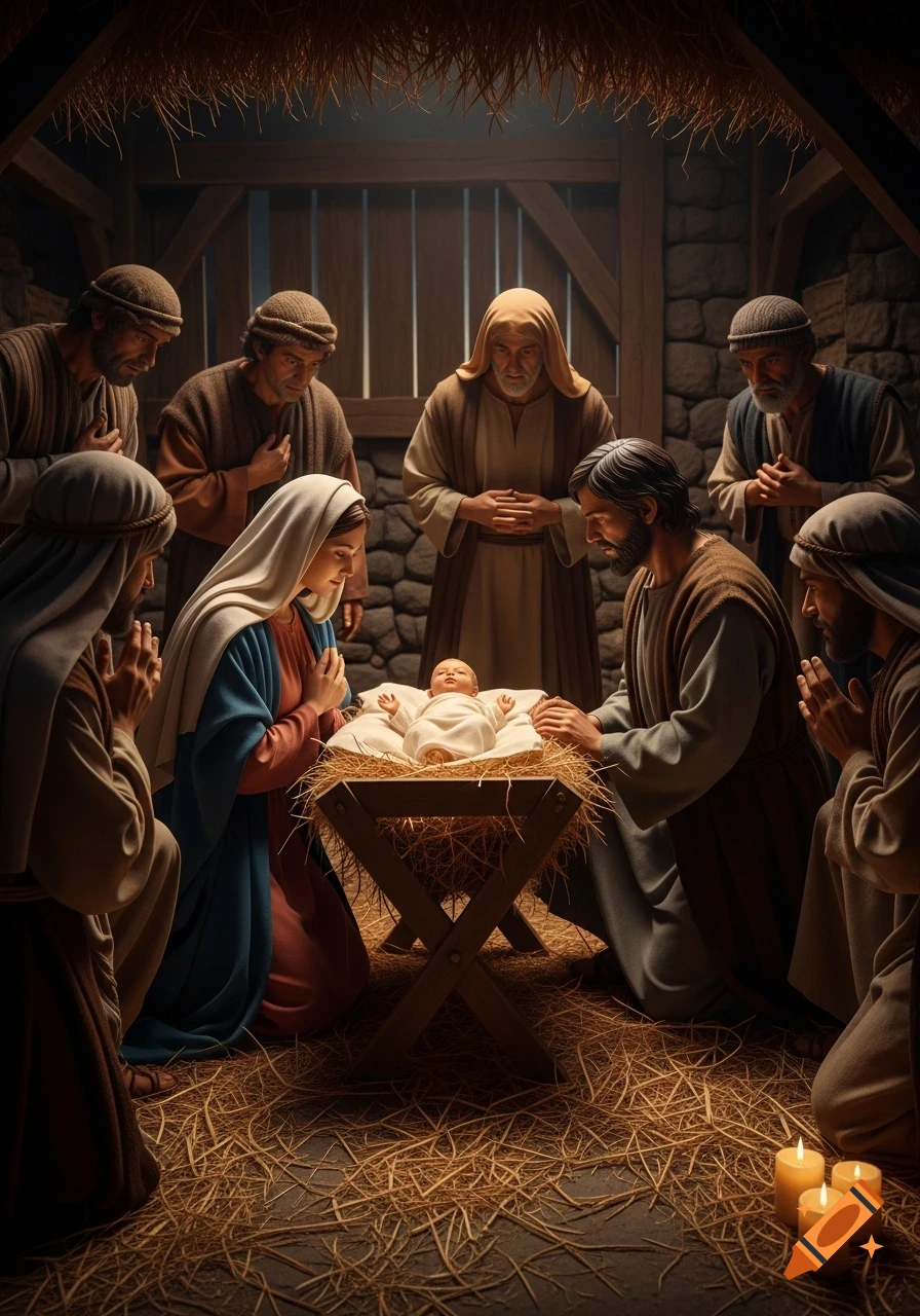 Photorealistic Nativity scene showing Mary, Joseph, and shepherds kneeling around baby Jesus in a humble stable.