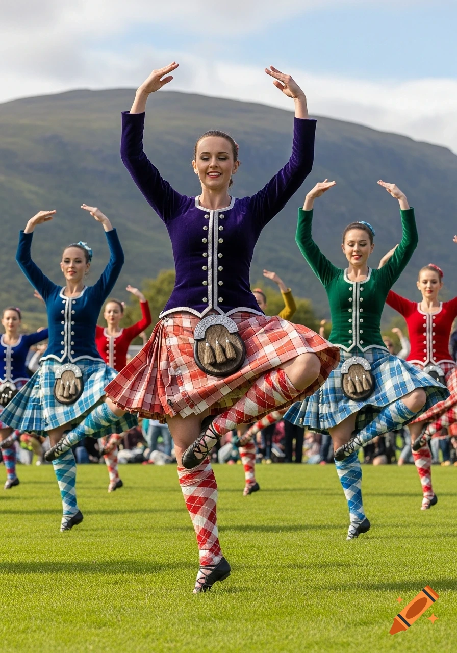 A group of Scottish Highland dancers in full traditional kilts and Aboyne dresses perform outdoors on green grass under a cloudy sky.