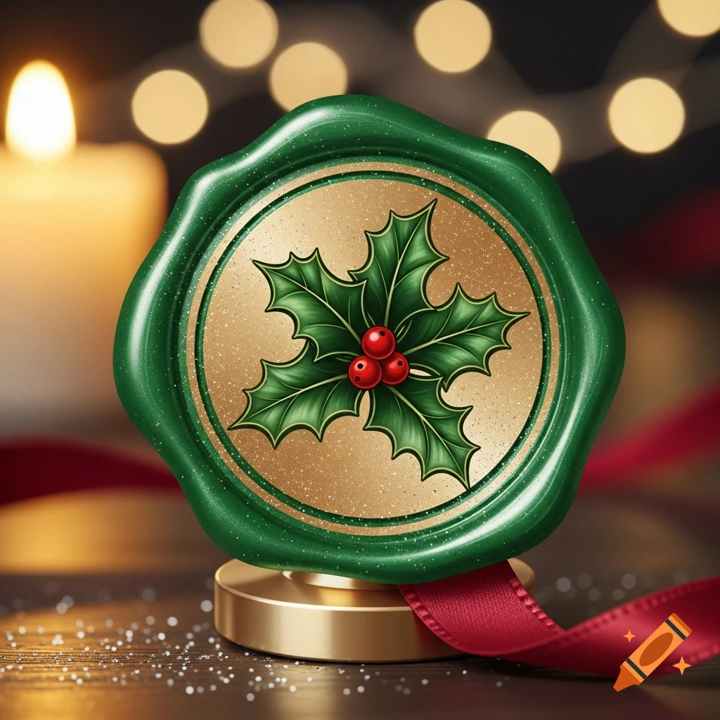 A green wax seal with a holly design and red berries stands on a gold base with a red ribbon, blurred candle and lights in background.