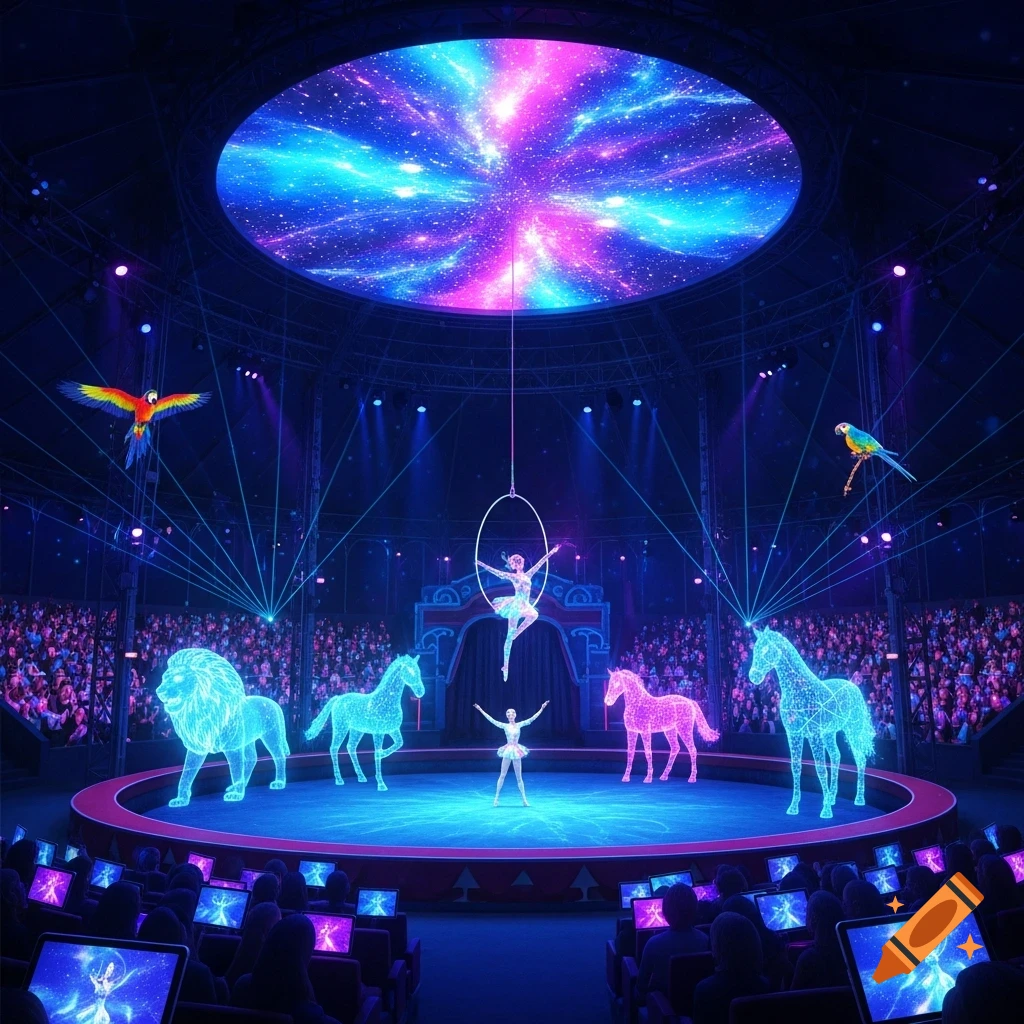 A vibrant digital circus with performers, holographic animals, and parrots, all under a galaxy-themed dome lit by neon blue and pink.