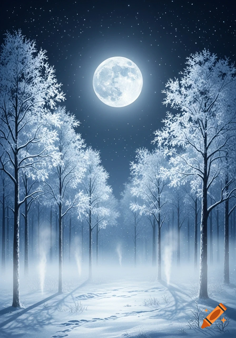 A bright full moon illuminates a serene, snow-covered winter forest at night with frosty trees and footprints in the snow.