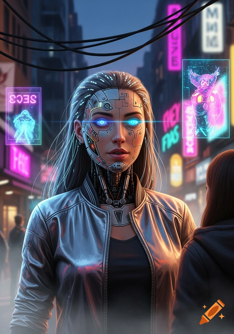 A cyberpunk cyborg woman with glowing blue eyes and a silver jacket on a neon-lit city street at night.
