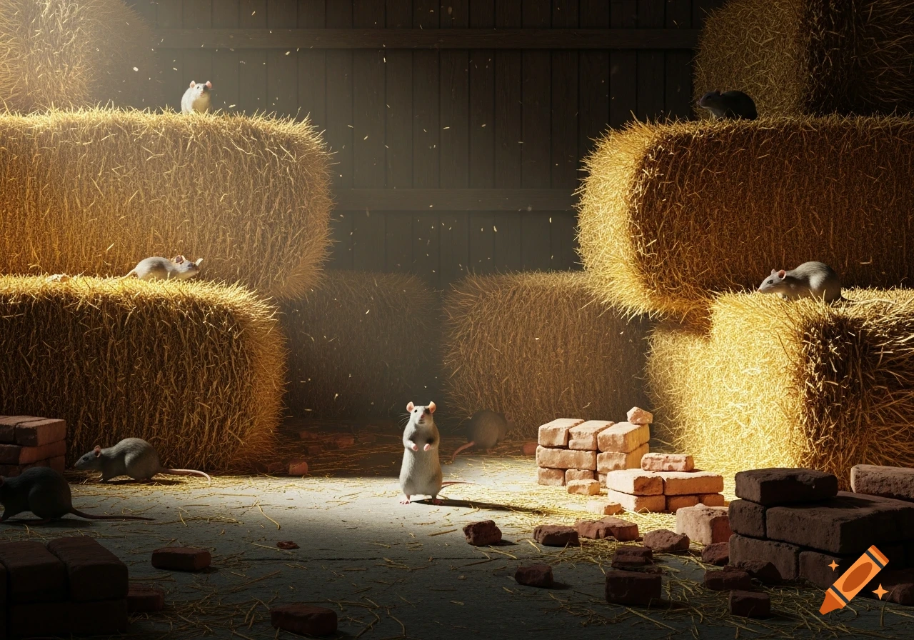 Several rats among stacked hay bales and scattered bricks in a sunlit barn, with one standing upright.