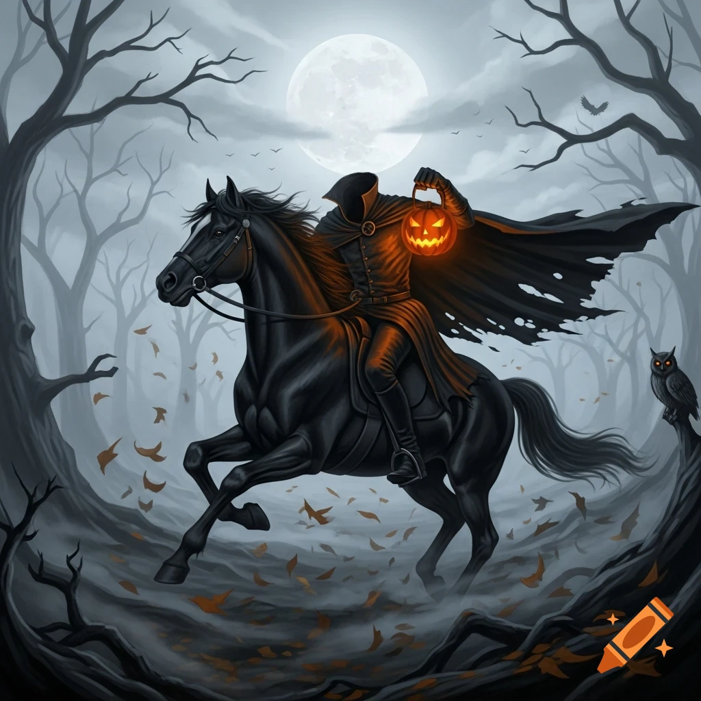 A dark illustration of the Headless Horseman riding a black horse through a spooky forest under a full moon, holding a glowing jack-o'-lantern.