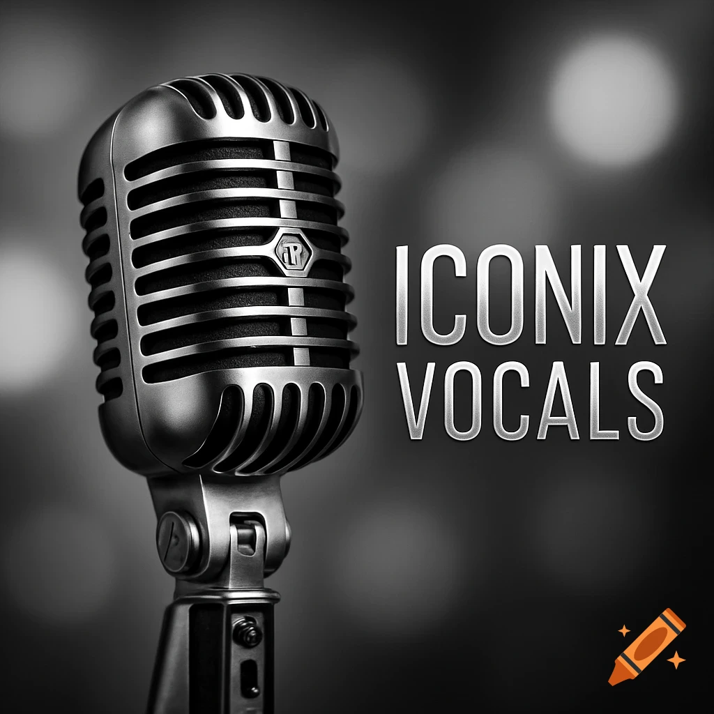 A black and white image of a detailed vintage silver microphone with 'ICONIX VOCALS' text.