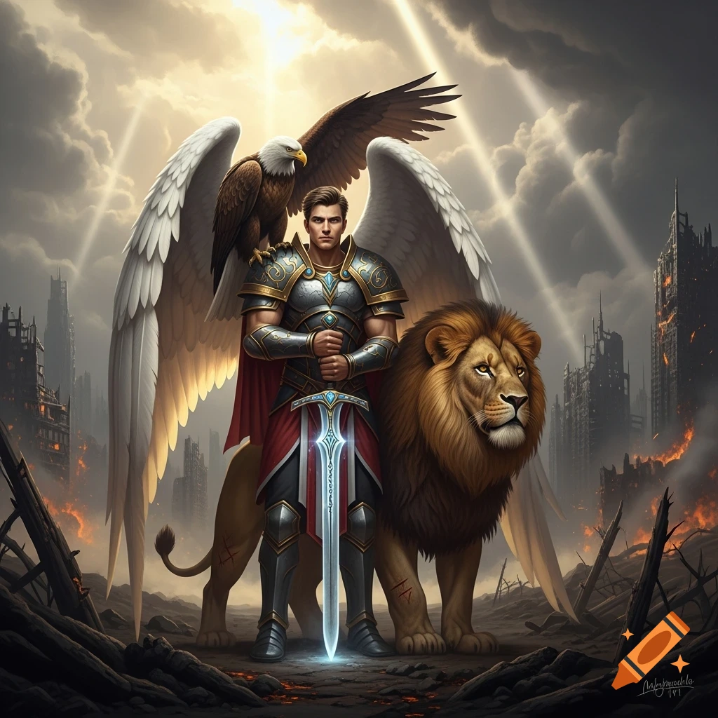 An armored angel with white wings holds a glowing sword, flanked by a lion and an eagle, in a post-apocalyptic city under a dramatic sky.