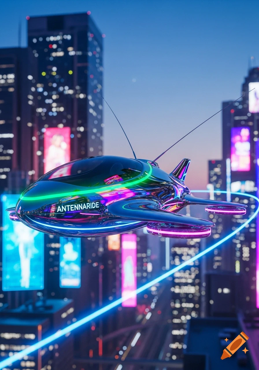 Sleek, chrome futuristic flying vehicle with neon green and purple lights, labeled "ANTENNARIDE", above a vibrant, neon-lit city at dusk.
