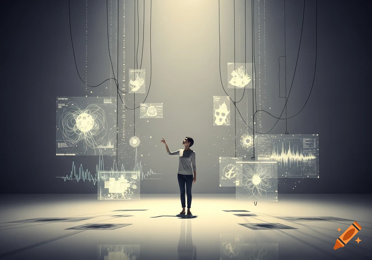 A woman stands in a minimalist, dimly lit room, interacting with glowing, floating digital screens and data streams.