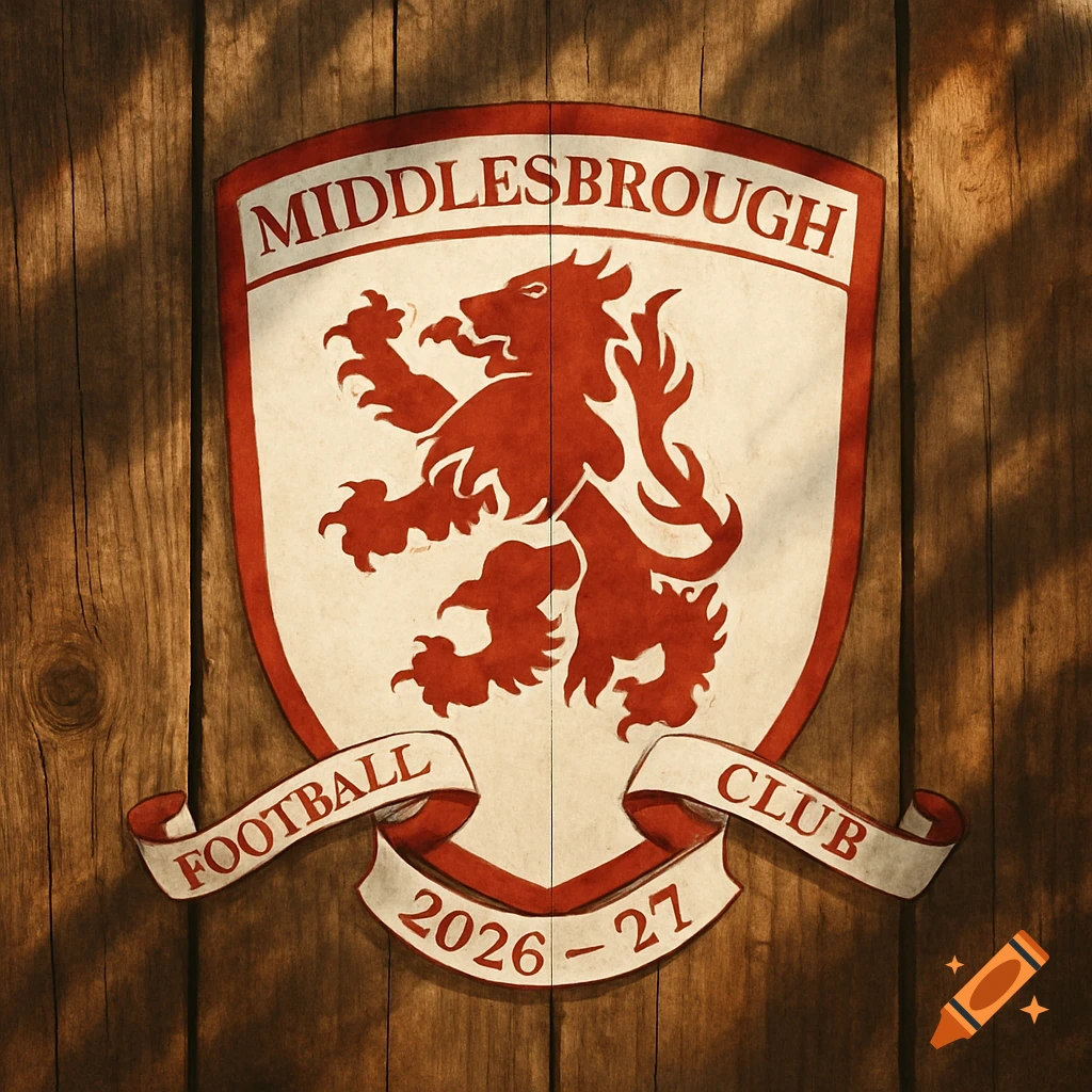 Middlesbrough FC badge with a red lion on a shield, 'Football Club 2026-27' text, on rustic wooden boards.