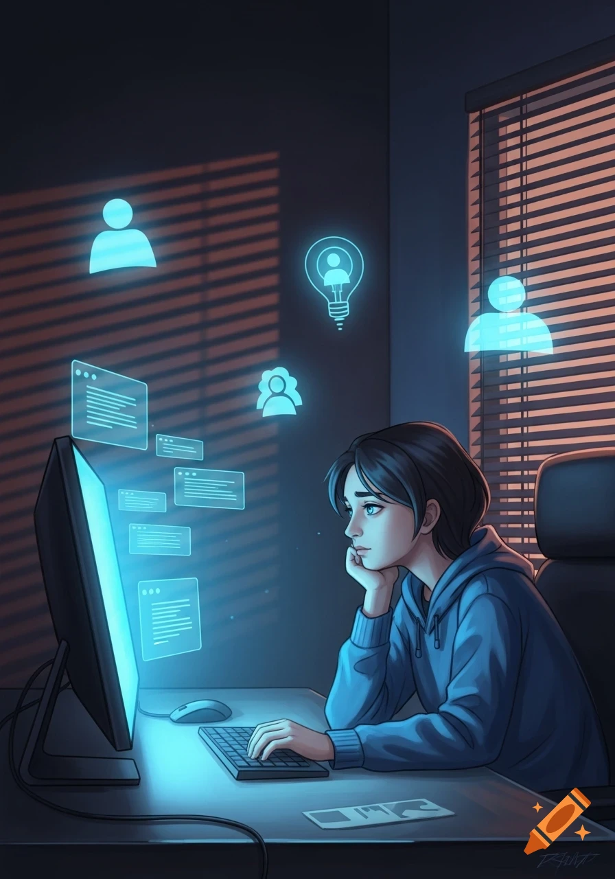 A sad young person in a hoodie sits at a computer in a dark room, surrounded by glowing digital interface elements and icons.