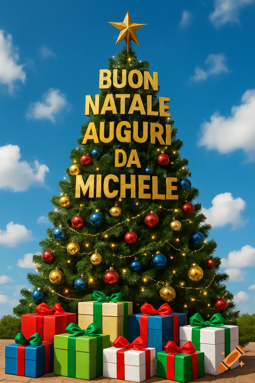 A photorealistic Christmas tree with golden text, ornaments, lights, and colorful gifts under a blue sky.