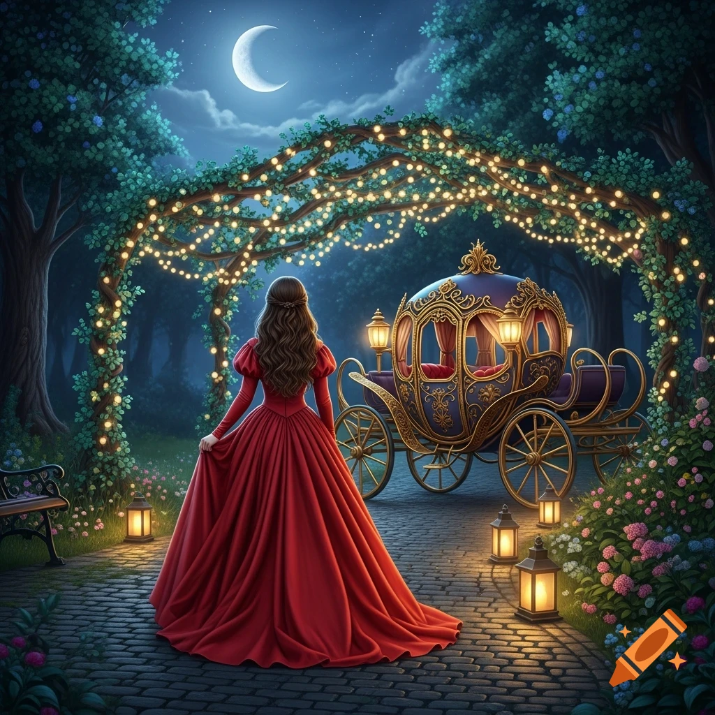 A princess in a flowing red gown walks toward an ornate carriage on a cobbled path in an enchanted forest at night under a crescent moon and string lights.