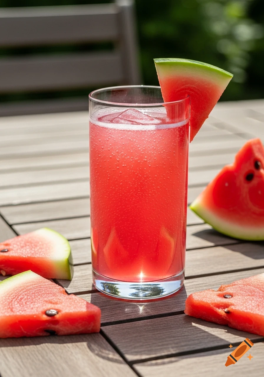 A glass of red watermelon cider with ice, garnished with a watermelon wedge, surrounded by watermelon slices on a wooden table outdoors.
