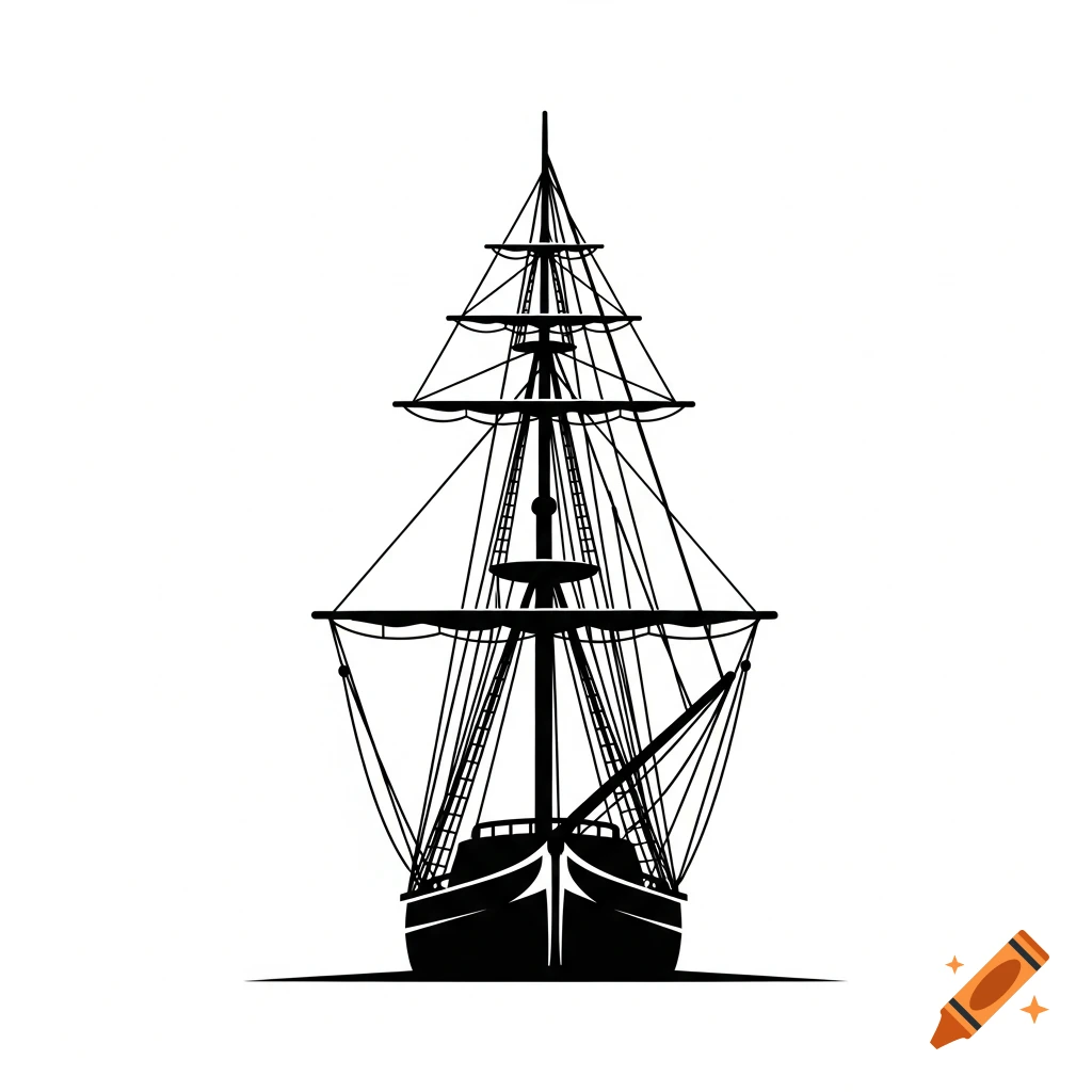 A black and white icon of a tall-masted sailing ship, viewed from the front, with intricate rigging.