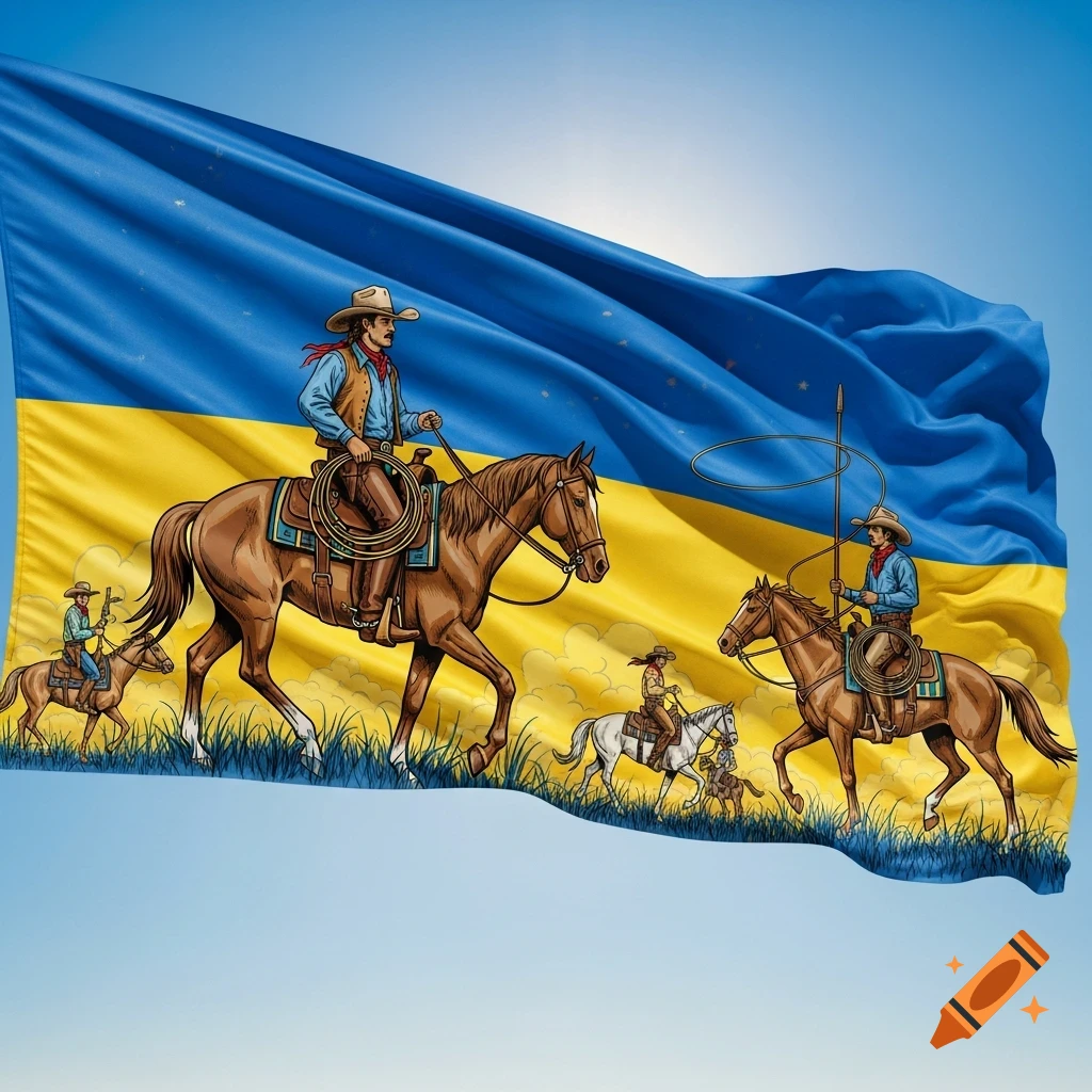 Stylized illustration of cowboys on horses across a waving Ukrainian flag under a blue sky.