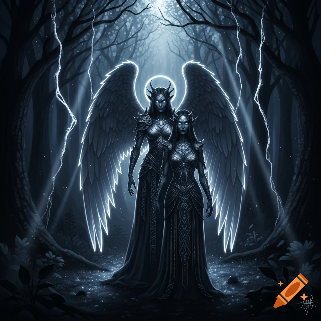 Two dark fantasy angelic figures with horns and glowing eyes stand in a dark, ethereal forest under moonlight.