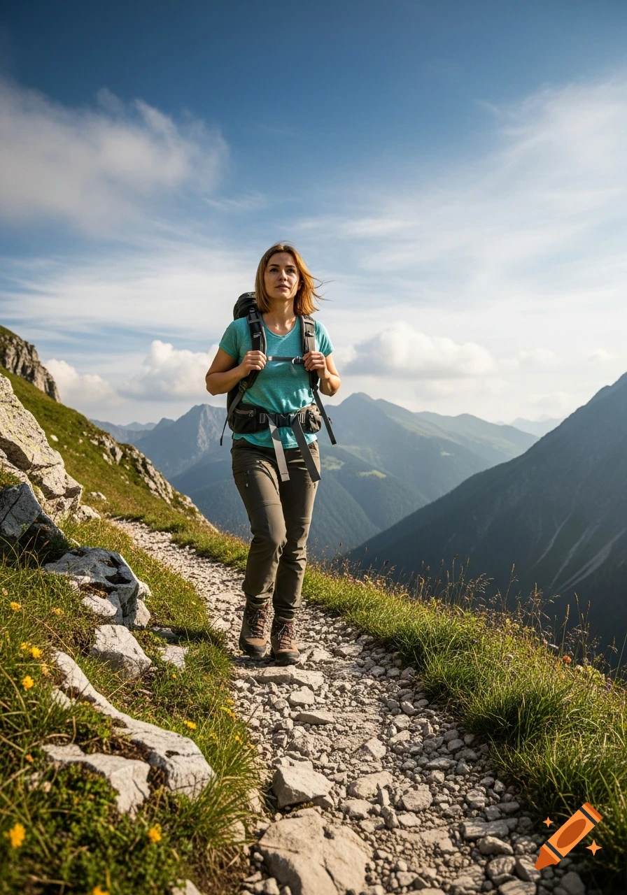 A woman in a blue shirt, green pants, and a backpack hikes on a rocky mountain trail under a blue sky.