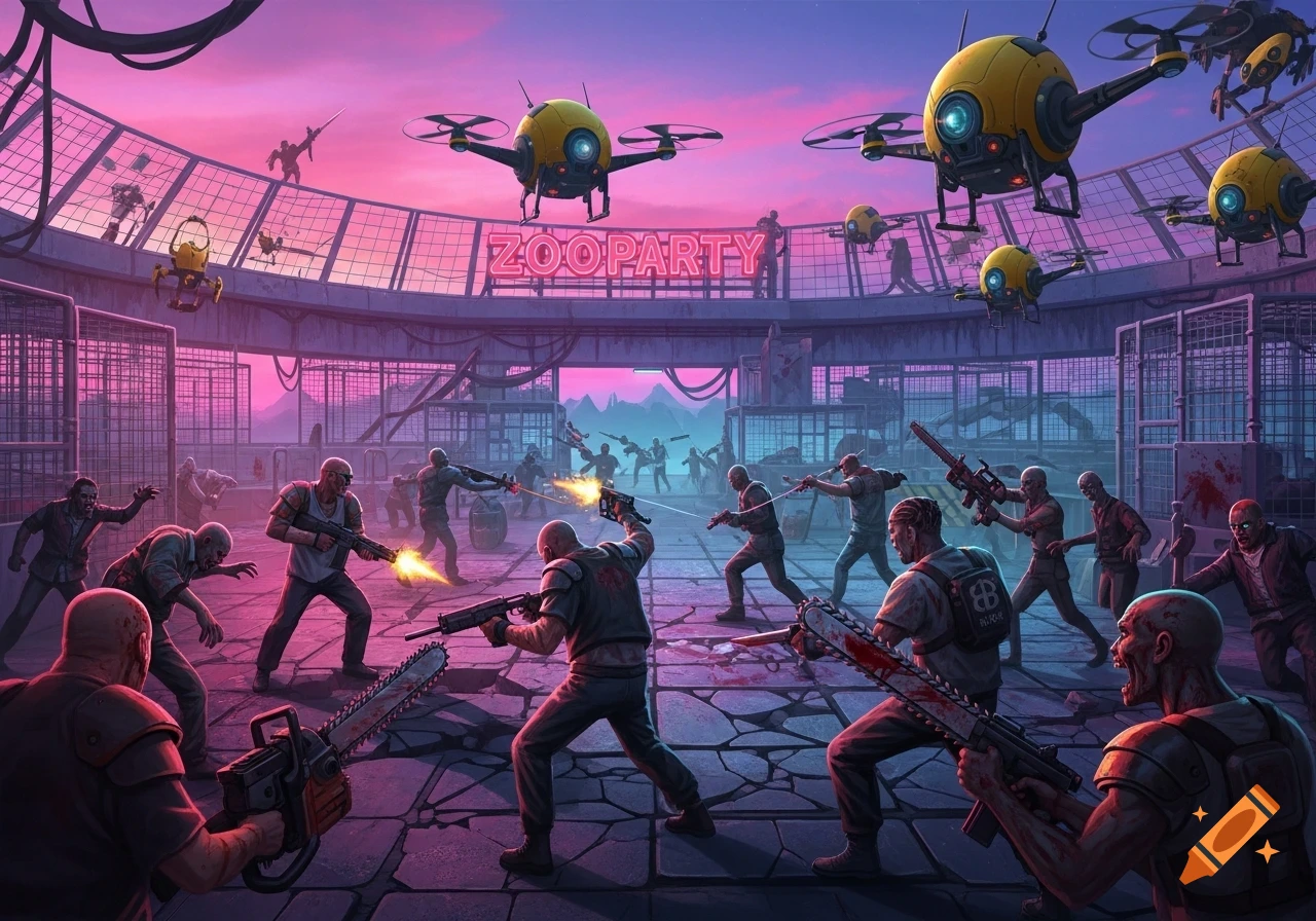 A cyberpunk battle in an abandoned zoo, 'Zooparty', where armed figures fight zombies while yellow drones observe under a pink-purple sky.