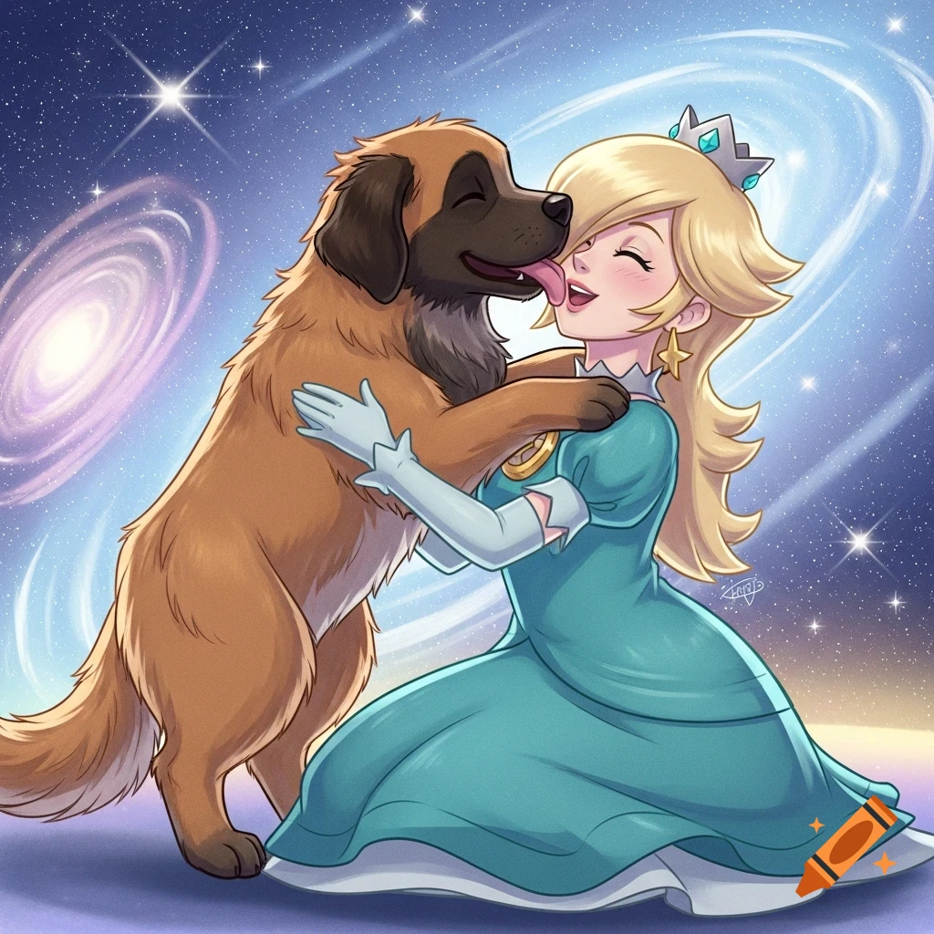 Cartoon Rosalina from Mario hugging a large brown dog licking her face against a starry galaxy background.