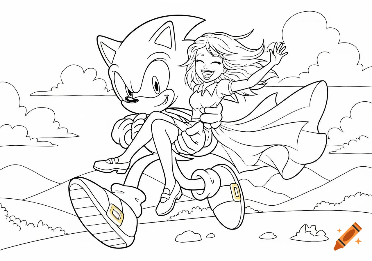 Line art coloring page of Sonic the Hedgehog carrying a smiling teenage girl while running through a hilly landscape.