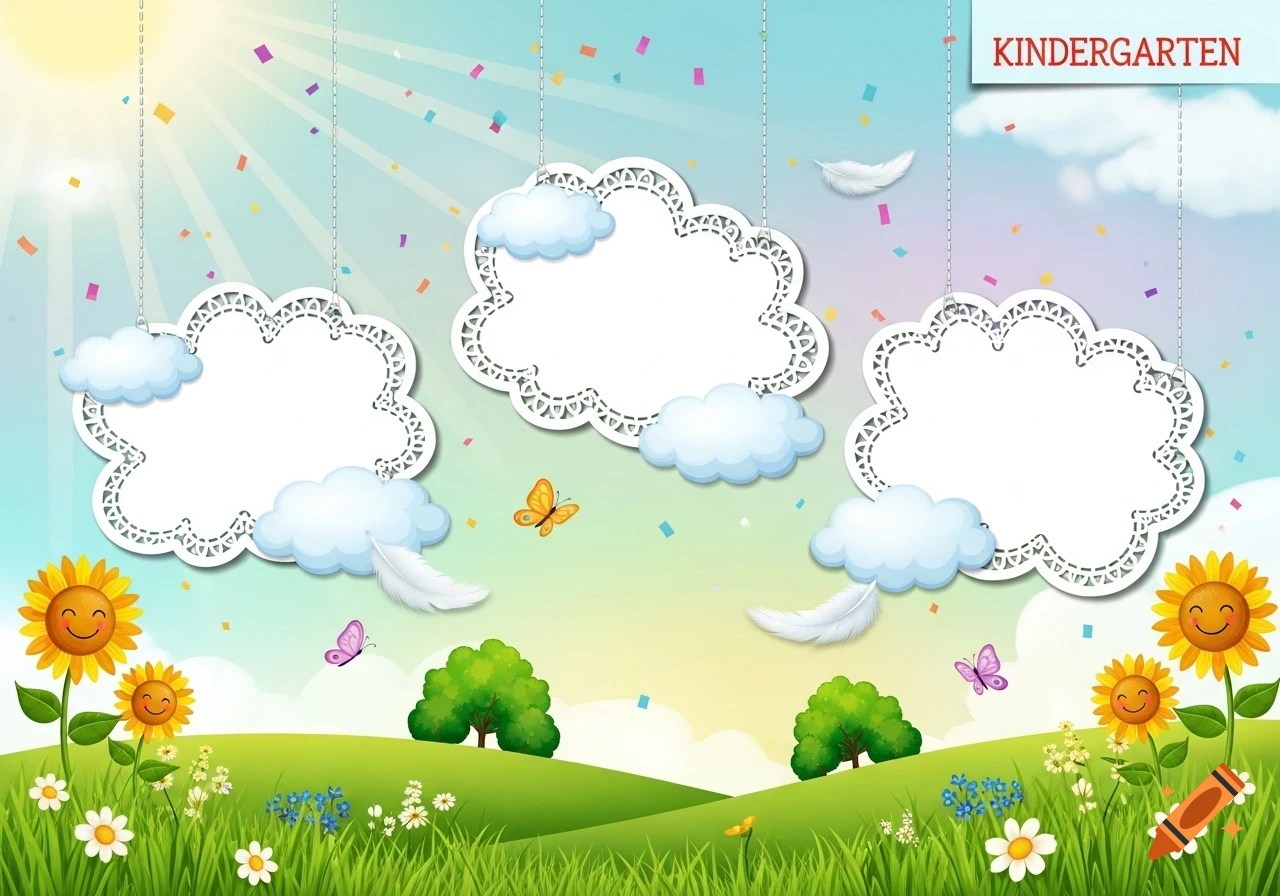 Cheerful cartoon kindergarten template with a grassy hill, smiling sunflowers, butterflies, floating decorative clouds, and 'KINDERGARTEN' text.