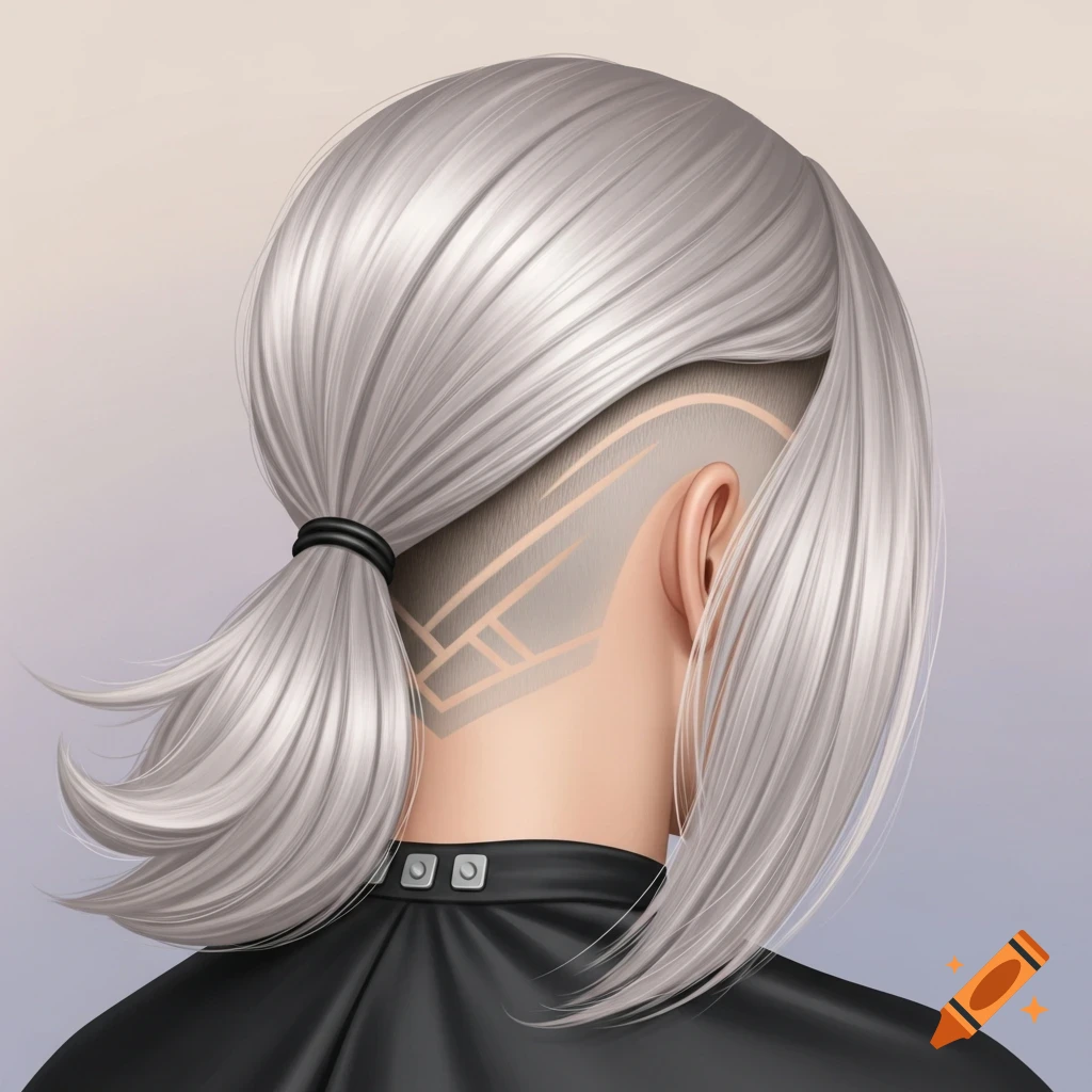 Back of a person's head with silver hair in a ponytail and a geometric undercut design, wearing a black cape, digital art.