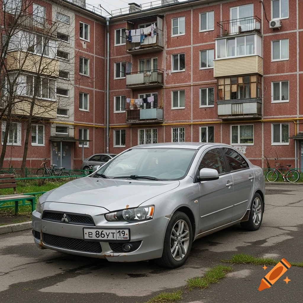 A silver Mitsubishi Lancer X sedan with rust spots and a license plate, parked on asphalt in front of a red apartment building.