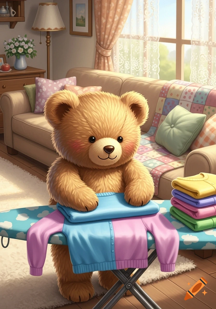 A cute, plump teddy bear with rosy cheeks folds colorful laundry on an ironing board in a warm, cozy room with a sofa.