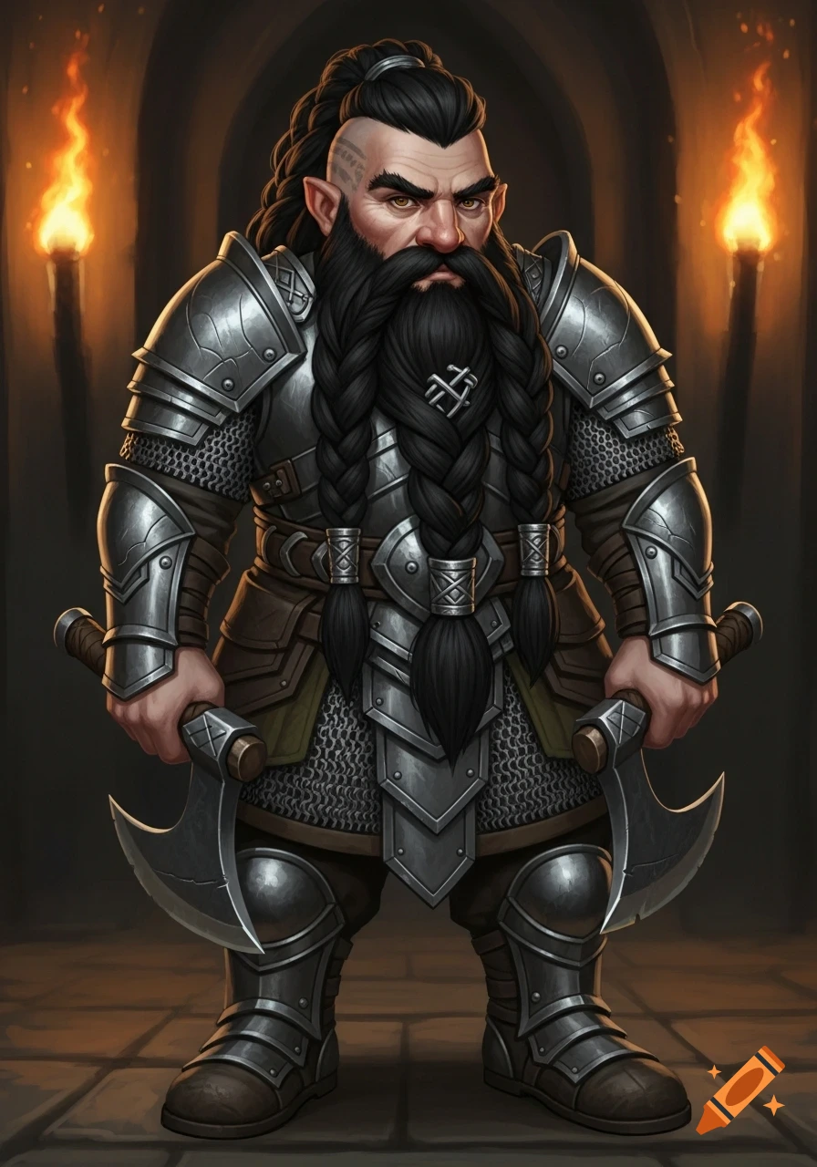 A muscular dwarf warrior in detailed chainmail and plate armor with a long braided black beard and mohawk, holding two short axes in a torchlit stone hall.