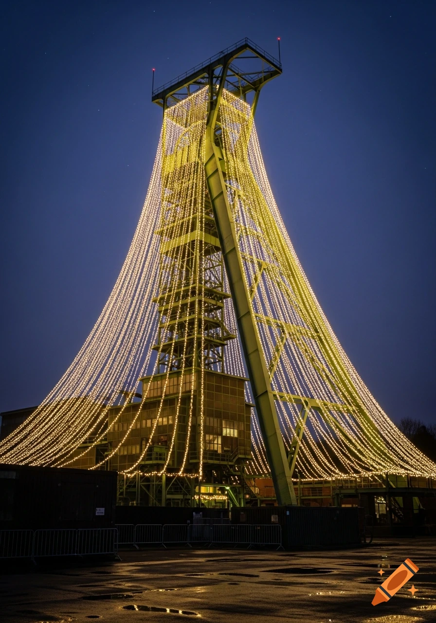 A tall, fir-green mining tower, illuminated with numerous warm fairy lights, stands against a dark blue twilight sky.