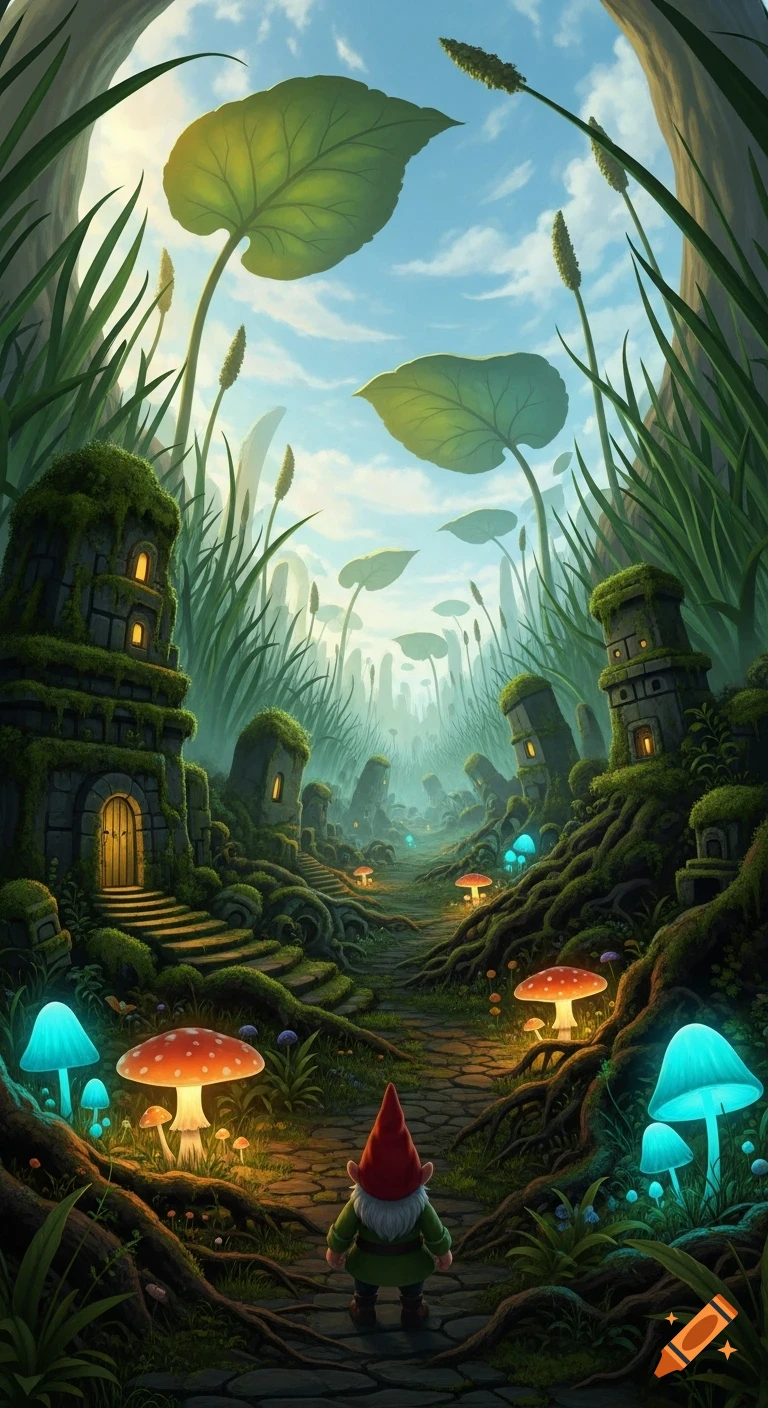 A gnome stands on a stone path in a surreal, oversized fantasy garden with glowing mushrooms, tall grass, and mossy stone structures.