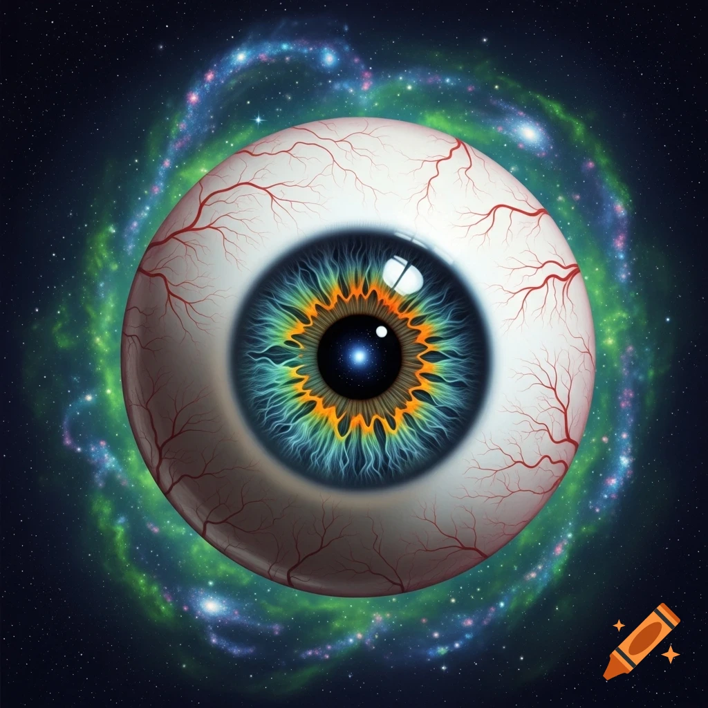 A detailed eyeball with a vibrant blue, green, and orange iris set against a swirling galaxy of nebulae and stars.