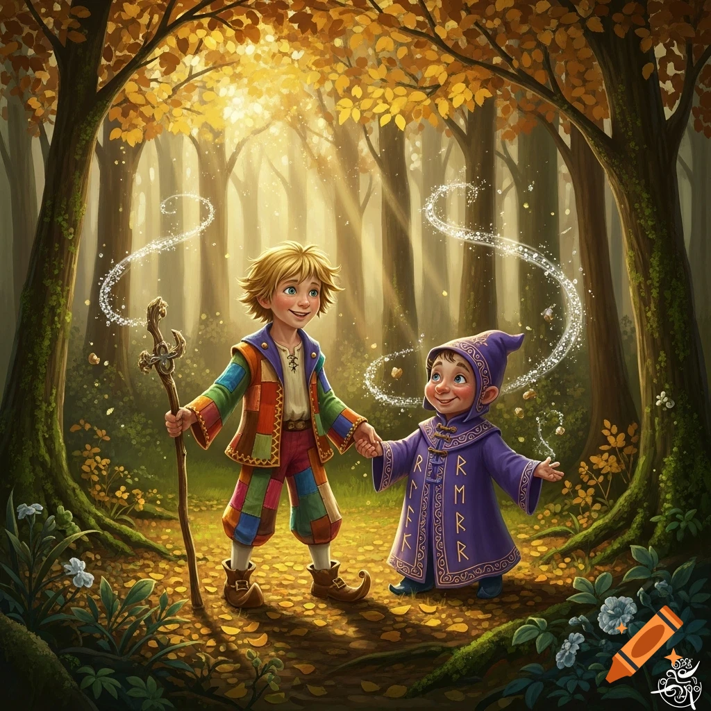 Two smiling boys, one in colorful clothes with a staff, the other in a purple wizard robe, hold hands in a sunlit fantasy forest with magic.