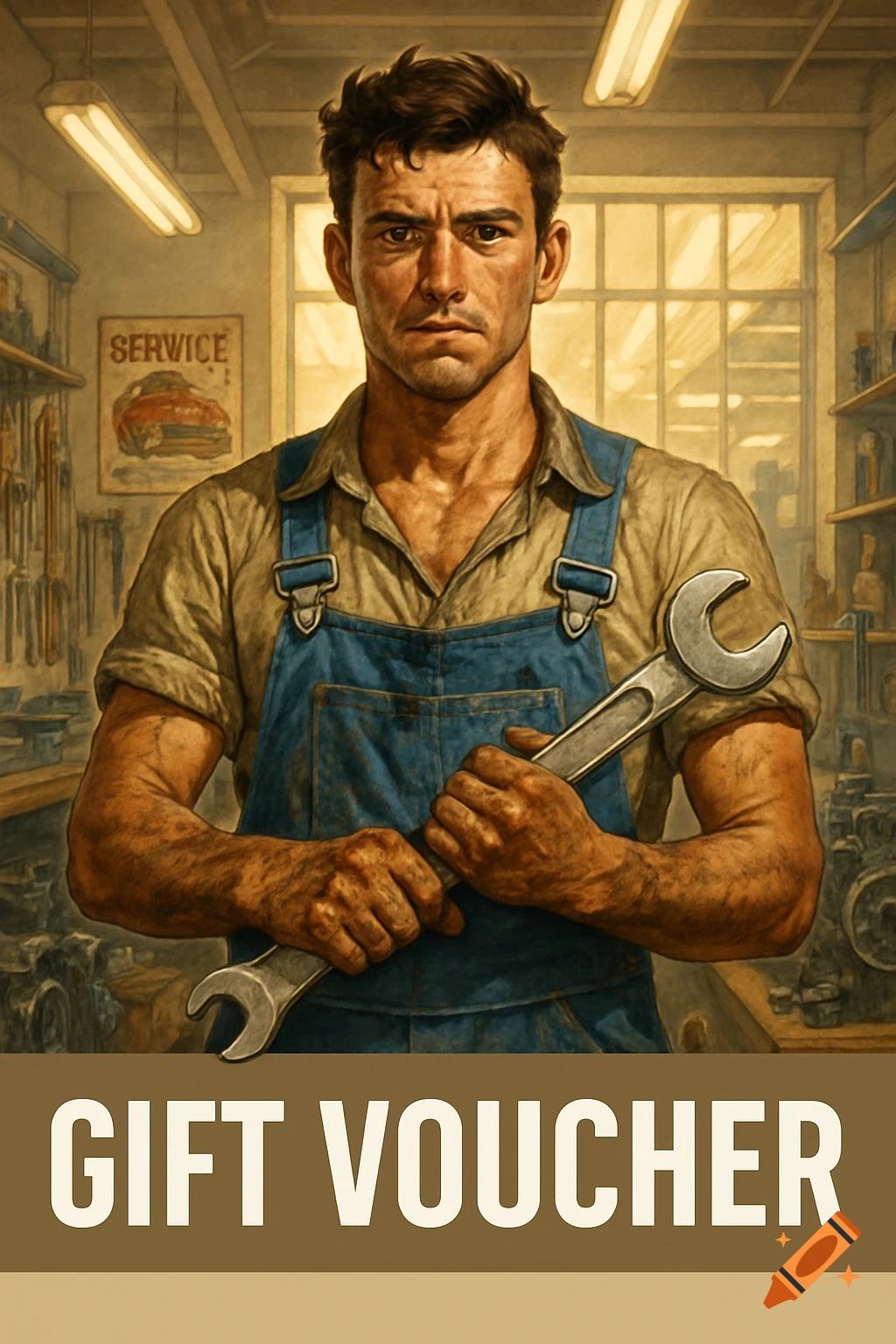 Digital art of a stern mechanic in blue overalls holding a wrench in a workshop, with 'GIFT VOUCHER' text at the bottom.