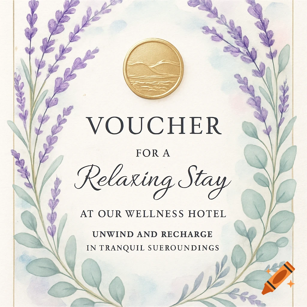 A watercolor-style wellness hotel voucher design featuring lavender and eucalyptus branches framing text and a gold seal.
