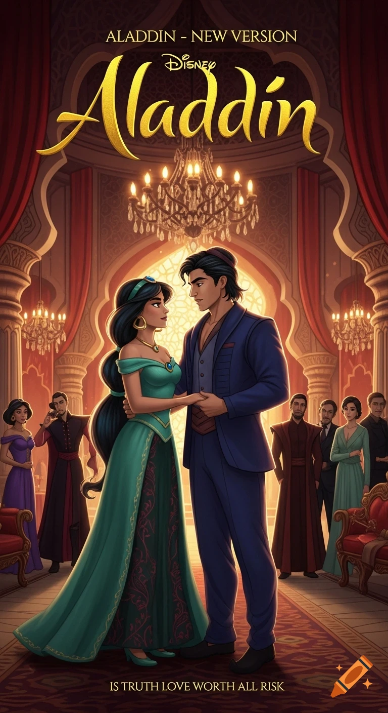 Animated movie poster featuring Aladdin and Jasmine holding hands in a luxurious palace ballroom. Text: "Aladdin - New Version" and "Is truth love worth all risk".