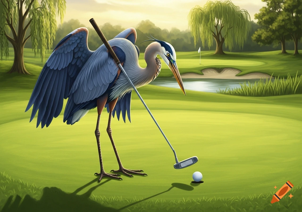 A blue heron on a golf course green, holding a putter, about to hit a golf ball. Illustrative style.
