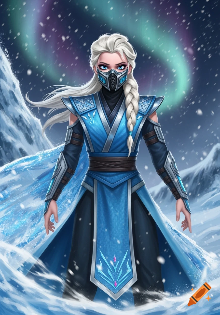 Queen Elsa in a blue and silver Lin Kuei uniform and Sub-Zero mask stands in a snowy arctic landscape under the aurora borealis.