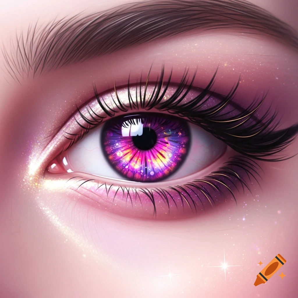 Close-up of an eye with a vibrant fuchsia, gold, and violet galaxy iris, long eyelashes, and sparkly pink eyeshadow.
