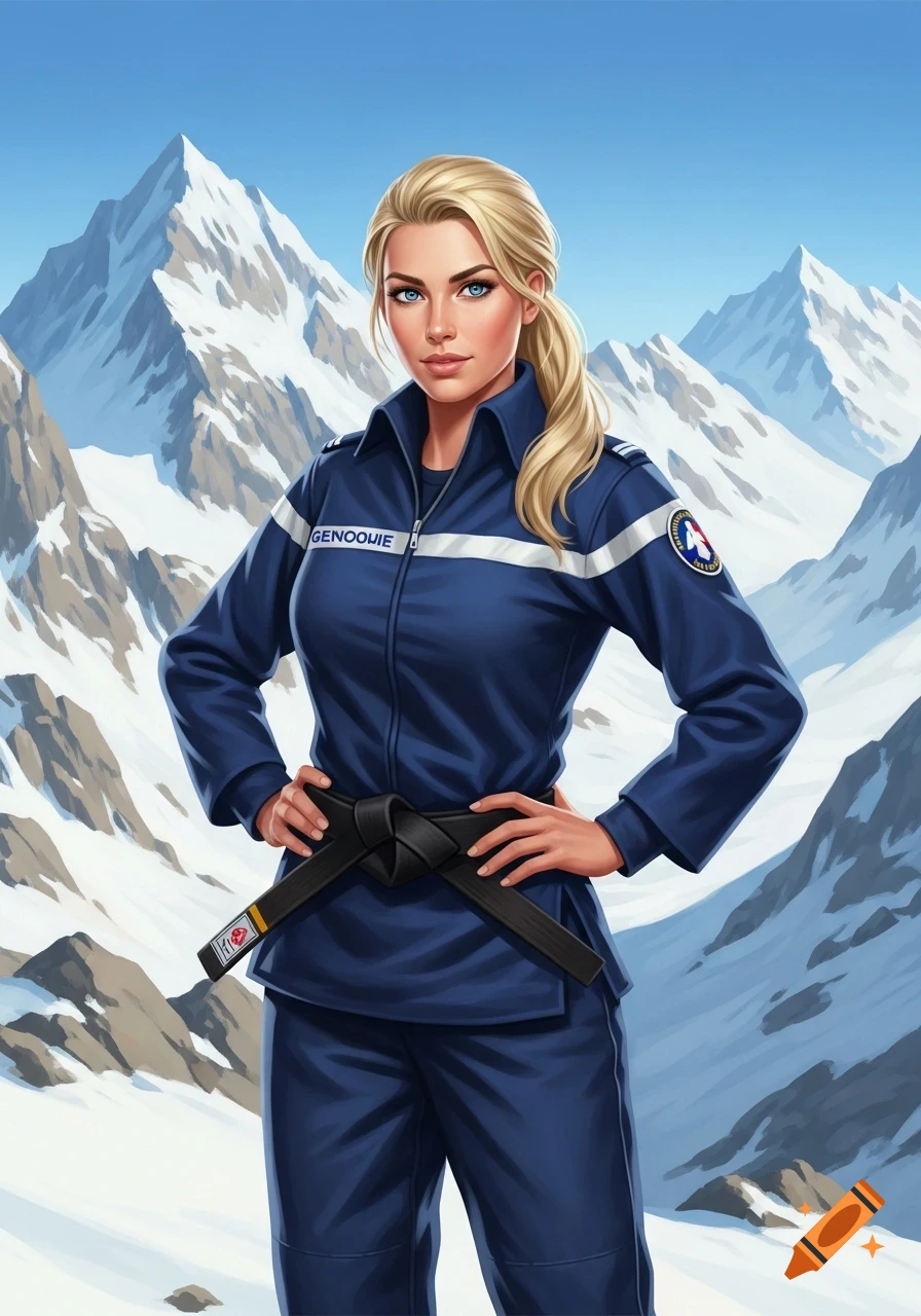 An athletic blonde woman with blue eyes, wearing a dark blue gendarme uniform with a black judo belt, standing in front of snowy mountains.