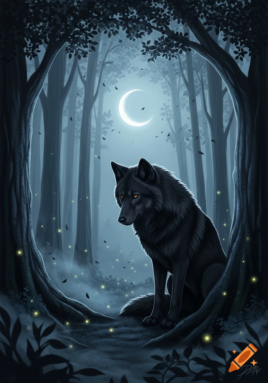 A black wolf sits in a dark, misty forest under a crescent moon, surrounded by glowing lights and falling leaves.
