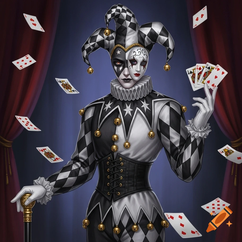 A stylized jester in a black and white harlequin suit with bells, a half mask, holding playing cards, and a cane.