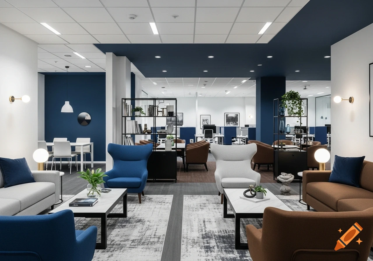 A modern office lounge with blue and brown seating, white walls, dark blue accents, and open-plan workspaces in the background.