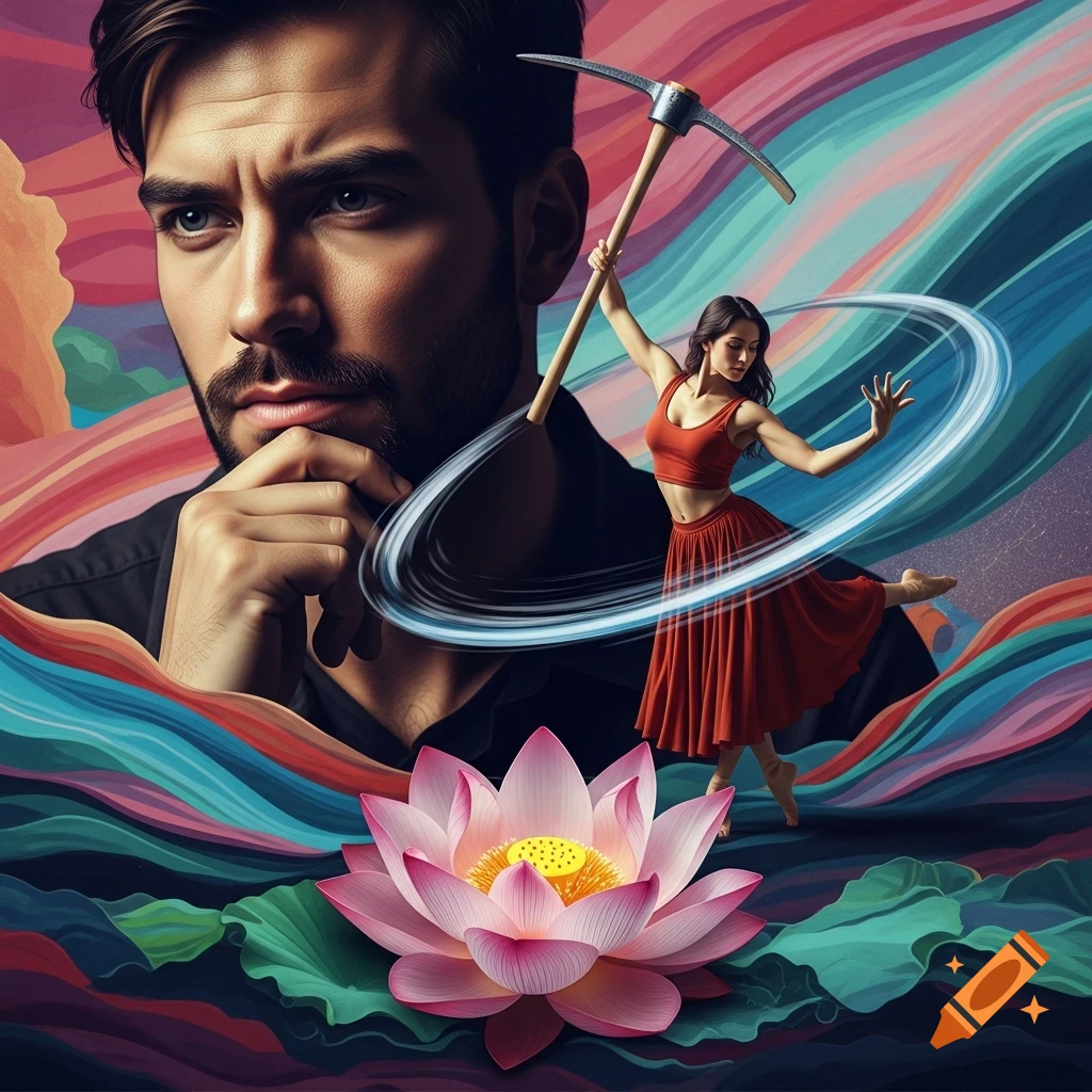 A montage features a thoughtful man, a woman dancing with a pickaxe, and a pink lotus flower against a colorful, swirling background.