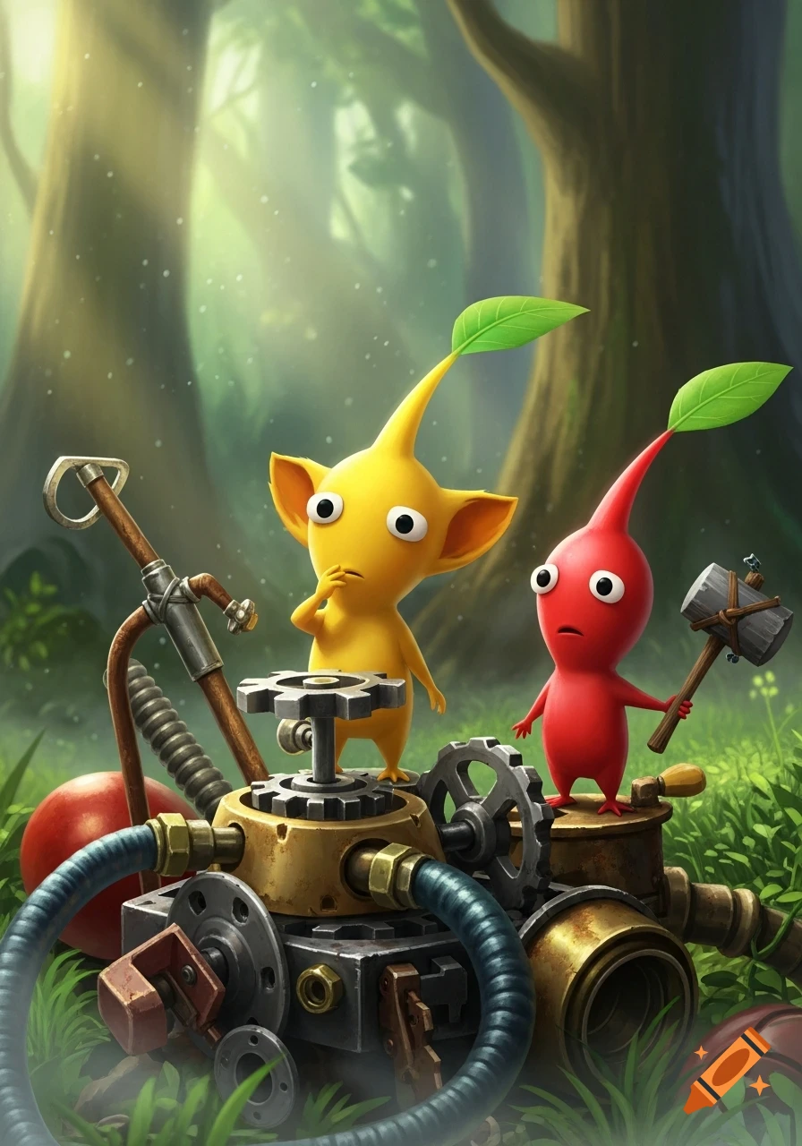 A yellow Pikmin inspects a complex machine made of pipes and gears, while a red Pikmin holding a hammer watches in a forest.