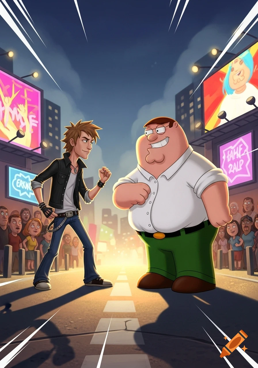 Cartoon image of a skinny rocker-type character facing a smiling Peter Griffin on a city street at dusk, surrounded by a crowd and illuminated billboards.